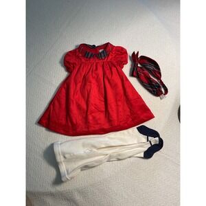 Max Studio Kids Red Plaid Collar Dress with  Headband and Socks Set 3-6 Months‎